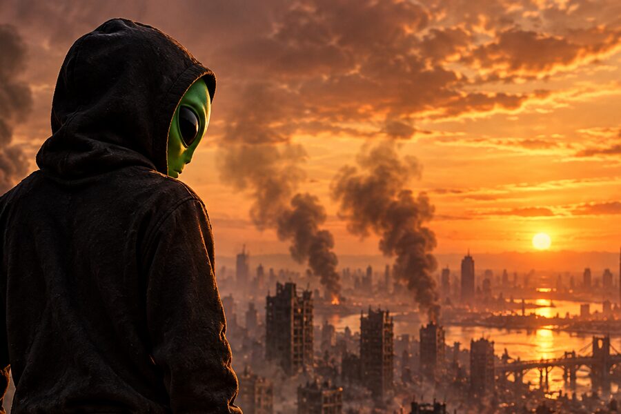 Il personaggio del canale su un tetto, davanti a una città diroccata al tramonto con colonne di fumo in lontananza